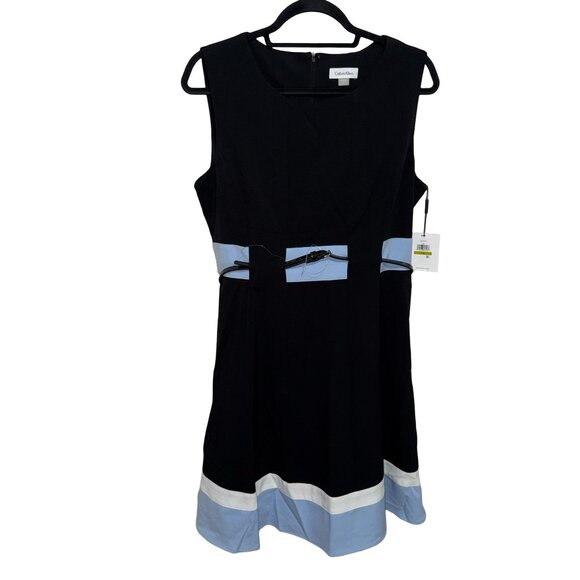 Calvin Klein Women Fit & Flare Casual Formal Dress Sleeveless Black Belt Sz 14 - Picture 1 of 13
